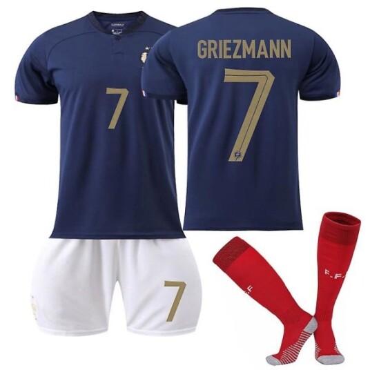 Frankrike Hjemmeskjorte 2022/23 VM Griezmann #7 Fotballdrakt T-skjorte shortssett Fotballsett 3-delt for barn Voksne Fotballdrakter Kids 28(150-160cm)