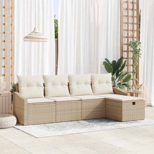 Hagesofa Set med pute 5 pcs Beige Poly rattan
