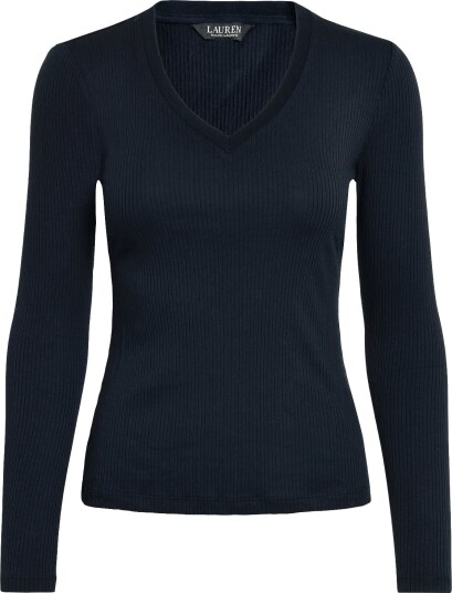 Lauren Ralph Lauren Rib Knit Long Sleeve V Neck Top Navy S