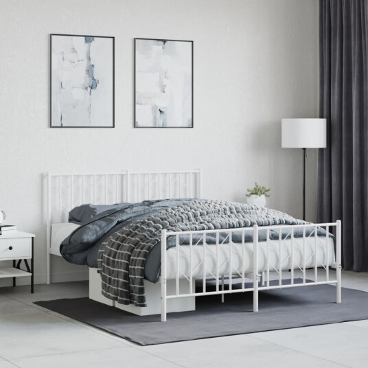 vidaXL Sengeramme i metall med hode- og fotgavl hvit 135x190 cm 8721012250369