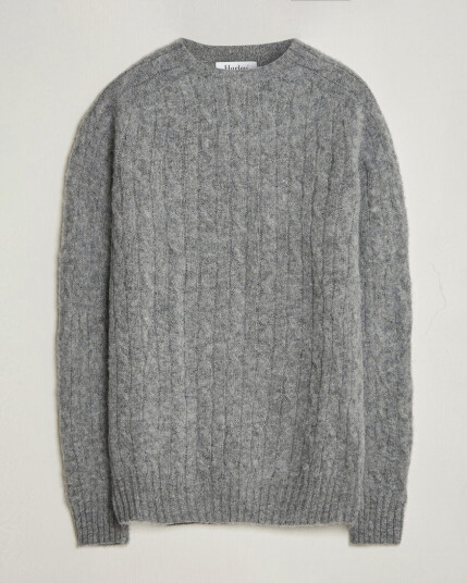 Harley Of Scotland Brushed Supersoft Lambswool Cable Mid Grey