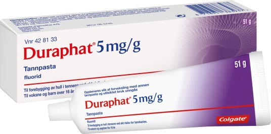 Duraphat Reseptfri fluortannpasta 5 mg/g, 51 g. Duraphat Reseptfri fluortannpasta 5 mg/g, 51 g.