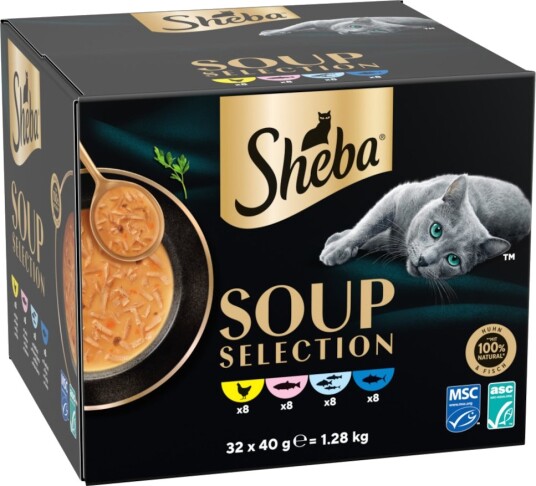 Sheba Soup Selection Våtfôr Blandet Pakke Tunfisk/Laks/Kylling/Havfisk 32x40g