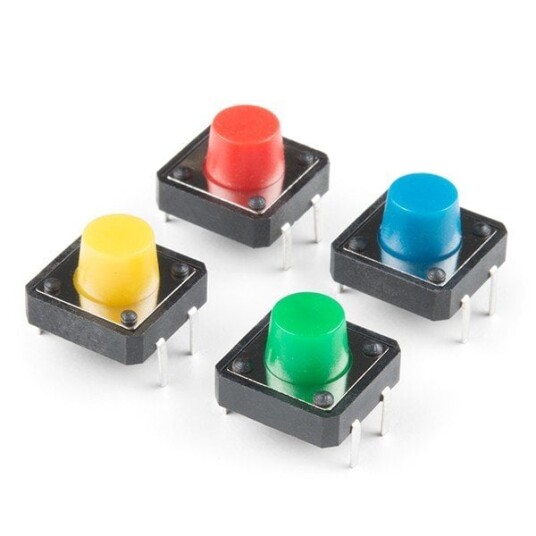 Tact Switch 12x12mm fargede knapper, 4 stk sett fra SparkFun Tact Switch 12x12mm fargede knapper, 4 stk sett fra SparkFun