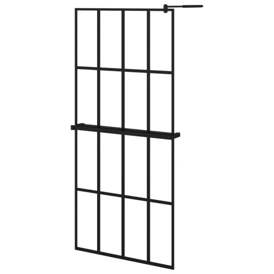 Dusjvegg med hylle svart 90x195 cm ESG-glass og aluminium