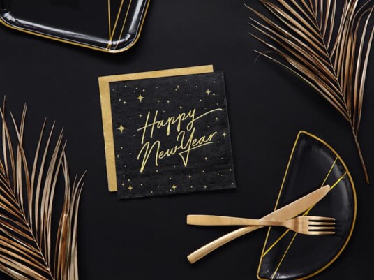 PartyDeco Servietter Happy New Year Gull Metallic/Svart - 20-pakning PartyDeco Servietter Happy New Year Gull Metallic/Svart - 20-pakning