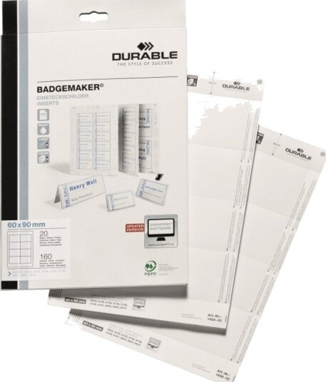 Durable   Hvit   60 X 90 Mm   150 G/M²   160 Kort 20 Ark X 8 Navneskiltkort   For P/N: 8003 19 8106 03 8106 06 8106 19 8603 19 8612 19