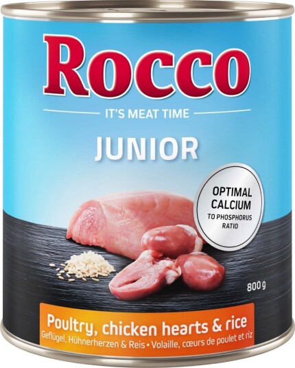 Rocco Våtfôr Junior Kyllinghjerter & Ris Med Kalsium 12 X 800 G