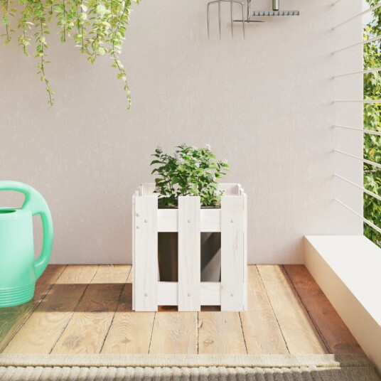 Plantekasse med gjerdedesign hvit 30x30x30 cm heltre furu