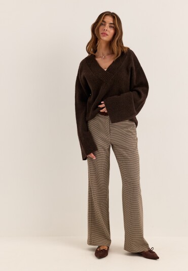 Check Mid Waist Wide Trousers