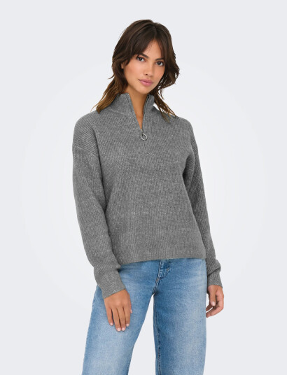 ONLY Onltokyo Solid L/S Zip Pullover Knt Noos - Grey - S