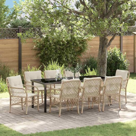 9 Delt Hage Diningssett med Puter Beige Poly Rattan