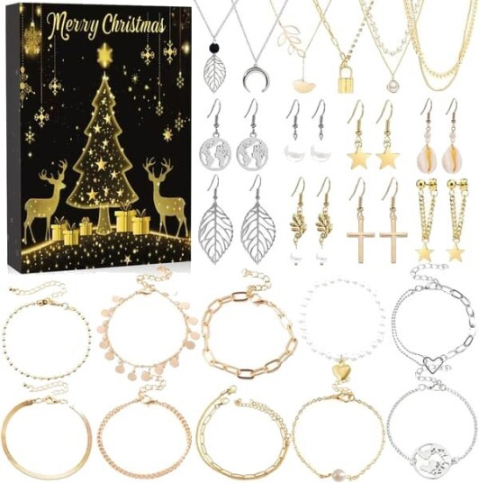 Adventskalender Smykker 2025 Julekalender Kvinner Jenter 24 Overraskelser Armbånd Halskjede Øredobber Smykkesett for Kvinner