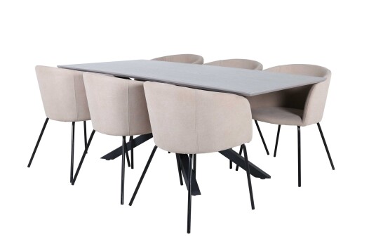 Venture Design Piazza & Berit spisegruppe Beige/svart 6 stoler & bord 180 x 90 cm