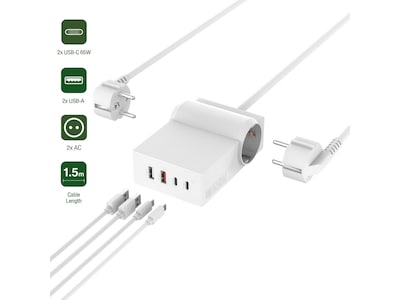 4Smarts GaN 65W Strømskinne med 2x USB, 2x USB-C og 2x AC - Hvit 4Smarts GaN 65W Strømskinne med 2x USB, 2x USB-C og 2x AC - Hvit