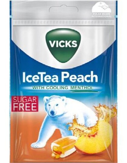 Vicks Pastiller med Ice Tea Peach Smak og Menthol Sukkerfri 72 gram