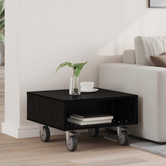 vidaXL Sidebord med hjul Svart Eik 50,5 x 50 x 30 cm Konstruert tre