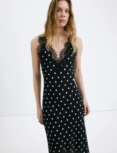 Mango Polka Dot Dress With Lace Detail Black XL Mango Polka Dot Dress With Lace Detail Black XL