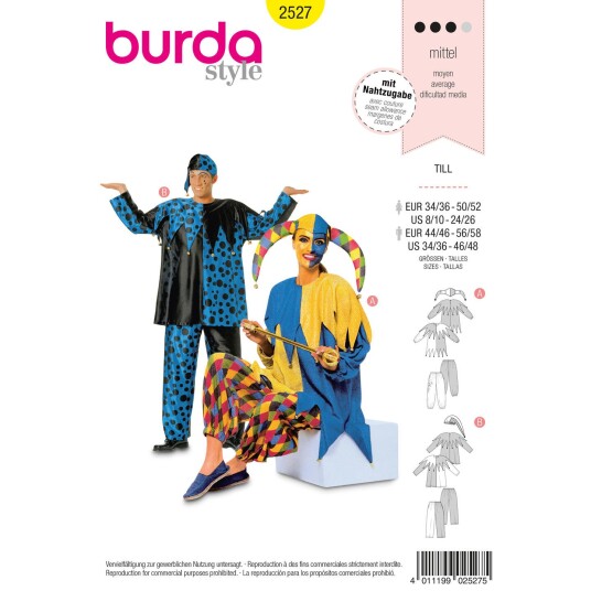 Burda 2527 - Hoffnarr kostyme Kvinne: 34-52, Herre: 44-58 Burda 2527 - Hoffnarr kostyme Kvinne: 34-52, Herre: 44-58