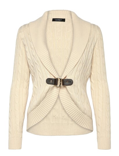 Lauren Ralph Lauren Buckle-Trim Cable Shawl-Collar Cardigan - Cream - S