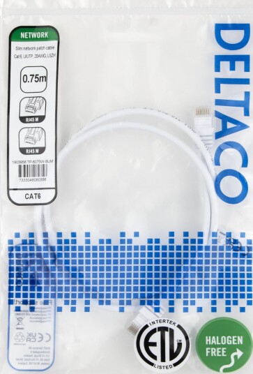 DELTACO Nettverkskabel Cat6 U/UTP AWG28 LSZH 0,75 m Hvit