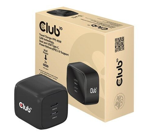 Club 3D CAC-1909 power adapter - PPS and GaN technology - 2 x USB-C - 45 Watt Club 3D CAC-1909 power adapter - PPS and GaN technology - 2 x USB-C - 45 Watt