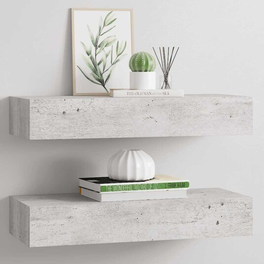  Veggmonterte skuffehyller 2 stk betonggrå 60x23,5x10 cm MDF