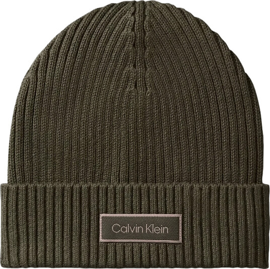 Calvin Klein Patch Chunky Rib Cotton Beanie Khaki green ONE SIZE