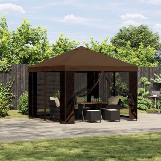 vidaXL Hagepaviljong med sidevegger 3 x 3 m Brun Polyester og stål