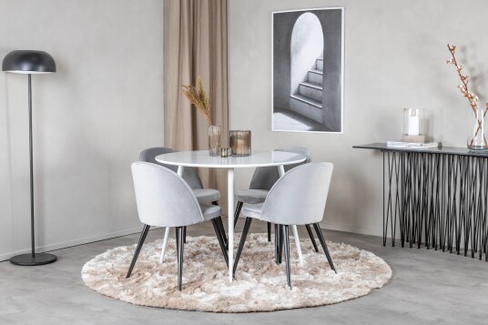 Venture Home Spisegruppe Pinilla 100 cm Rund inkl. 4 Luisa Fløyelsstoler Hvit/Lysegrå