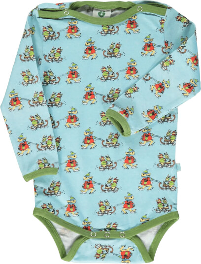 Småfolk Long Sleeved Baby Body With Rabbits Sledding Blue 68