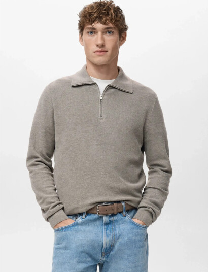 Mango Microstructure Sweater With Zipper Collar   Grey   XXL