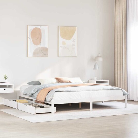  Sengeramme med madrass hvit 200x200 cm heltre furu 8721102938344
