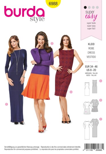 Burda 6988 - Kjole EUR: 34-46, US: 8-20