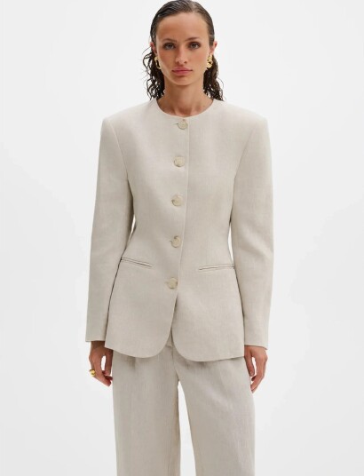 Malina Carol Fitted Round Neck Linen Blazer   Beige   44