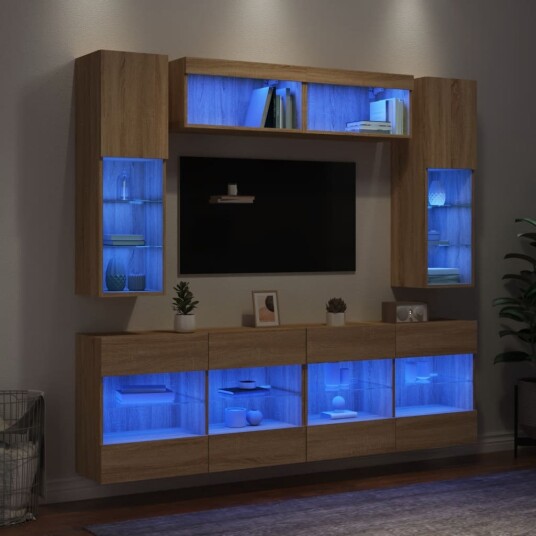 Vegghengte TV benker med LED 6 stk sonoma eik Vegghengte TV benker med LED 6 stk sonoma eik