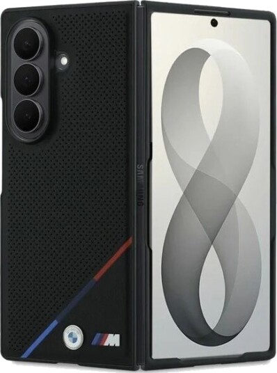 BMW M Leather Perforated Tricolor Stripe Metal Logos MagSafe Case for Samsung Galaxy Z Fold 8 Ultra Black