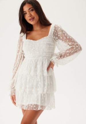 Bubbleroom Occasion L/S Lace Frill Mini Dress White 34