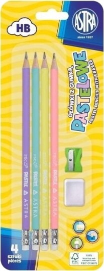 Astra Blyant Pastel Hb Med Linjal, 4 Stk + Viskelær + Spisser Astra