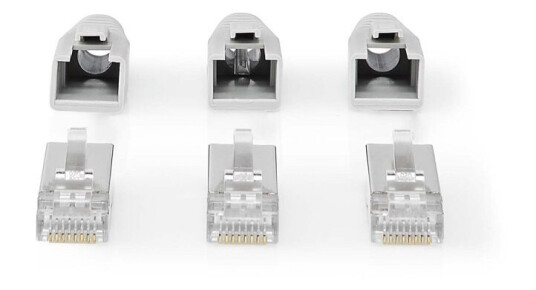 Nedis RJ45-kontakt | RJ45 Pass Through | Solid/Stranded FTP CAT6a | Rett | Gull belagt | 10 stk. | PVC | Grå / Hvit / Sort | Boks