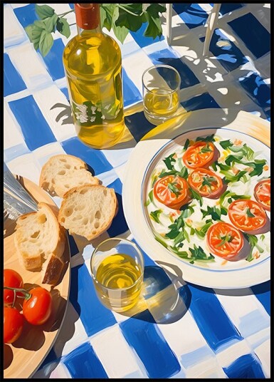 Caprese Lunch on Blue Tiles Mediterranean food Plakat Plakat / 30x40cm