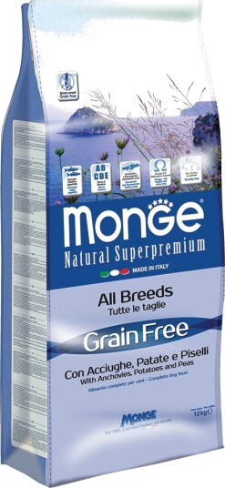 Monge Grain Free Dog Tørrfôr Adult Bwild Grain Free All Breeds Anchovies Potatoes & Peas Ansjos Poteter Og Erter 2 X 12 kg