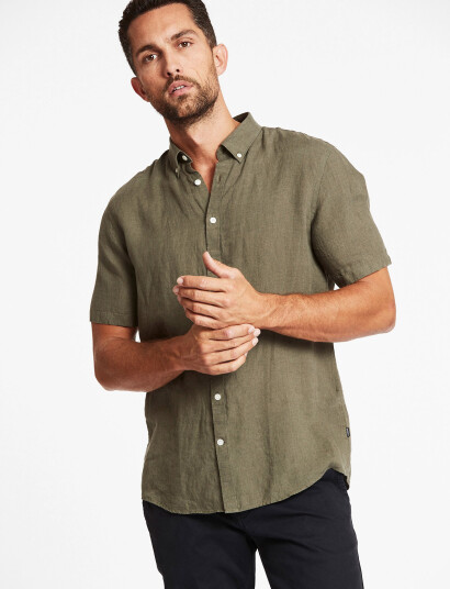 Lindbergh Black Soft Linen Shirt S/S - Modern Fit - Green - S Lindbergh Black Soft Linen Shirt S/S - Modern Fit - Green - S