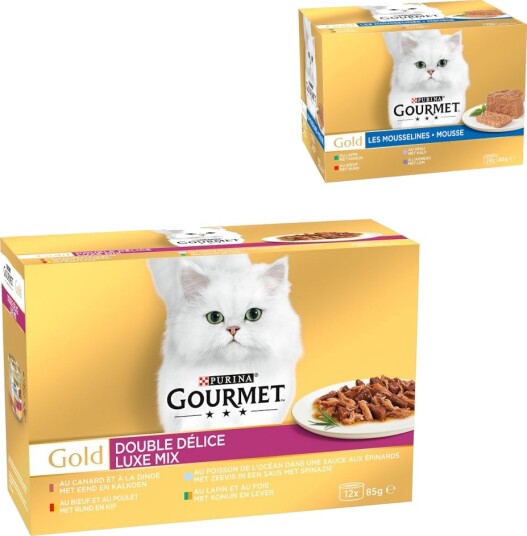 Gourmet Våtfôr Jumbopakke Gold + Fin Pâté Blandet Pakke På Kjøpet Duo Delice Luksus Blandet Pakke + Blandet Kjøtt Kanin Kalv Lam Okse 96 X 85 G 24 X 85 G 96 X 85 G 24 X 85 G