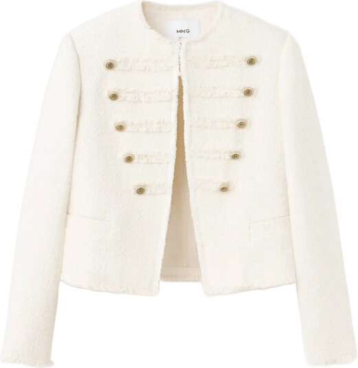 Mango Tweed Jacket With Decorative Frogging Closures Cream XL