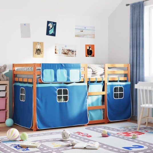 Køyeseng med gardiner blå 80x200 cm heltre furu 8721102689635 Køyeseng med gardiner blå 80x200 cm heltre furu 8721102689635