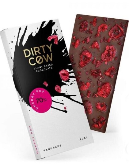 Dirty Cow Cherry Pop   Håndlaget Plantebasert Vegansk Sjokolade med Kirsebær 80 gram