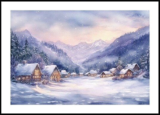 Watercolor Winter Mountain Village Plakat Plakat / 50x70cm