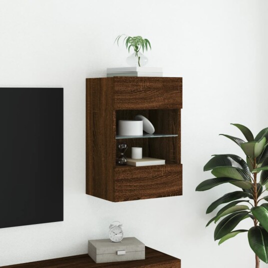 vidaXL Vegghengt TV-benk med LED-lys brun eik 40x30x60,5 cm 8721012256743