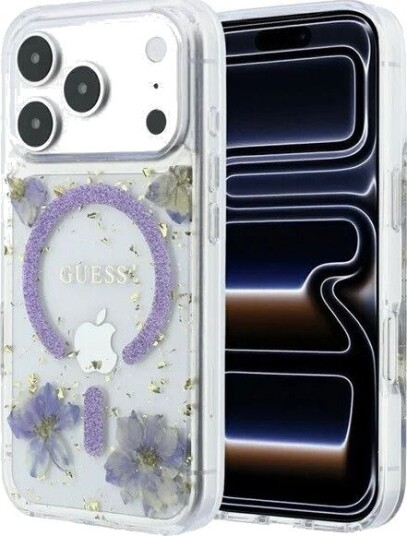 GUESS Resin Flowers Glitter MagSafe Case for iPhone 18 Pro Max / 17 Pro Max - Purple